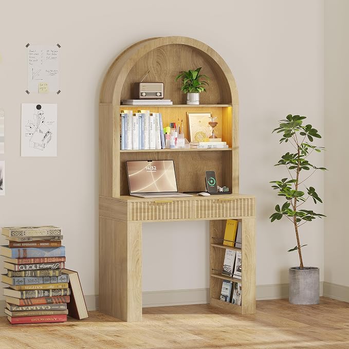 Arched Writing Desk with Hutch, Home Office Desk with 2 Fluted Drawers, Secretary Desk with Outlets, LED Lights, Bookshelves, Wood Computer Desk for Small Space, Bedroom 35.4"W x 70.8"H (Oak)