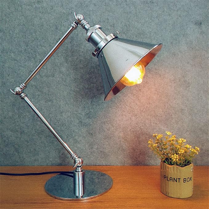 Makeup Vintage Desk Lamp, Industrial Metal Task Table Lamp with Adjustable Swing Arm, Bedroom Bedside Night Light Cafe Retro Reading Lighting,Chrome
