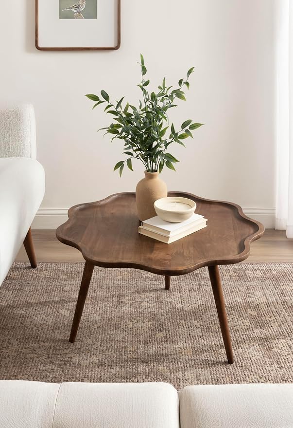 Kate and Laurel Alezar Mid-Century Modern Wavy Round Coffee Table, 30 x 30 x 18, Walnut Brown, Transitional Scalloped Circle Living Room Table with Solid Mango Wood Construction and Tapered Legs