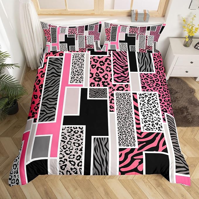 Erosebridal Leopard Print Duvet Cover Queen Cheetah Zebra Skin Print Bedding Set Pink Black Animals Fur Rustic Comforter Cover for Kids Teen Adults,Geometric Square Patchwork Bed Set