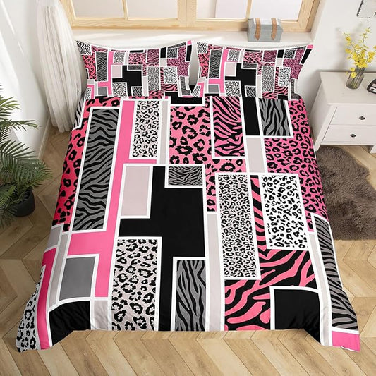 Erosebridal Leopard Print Duvet Cover Twin Cheetah Zebra Skin Print Bedding Set Pink Black Animals Fur Rustic Comforter Cover for Kids Teen Adults,Geometric Square Patchwork Bed Set