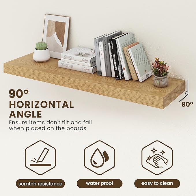 48 Inch Floating Shelves | 12 Inch Deep Oak Floating Shelves Set of 2 | 48" W x 12" D Oak Wall Shelves for Bathroom Living Room Kitchen Laundry Room