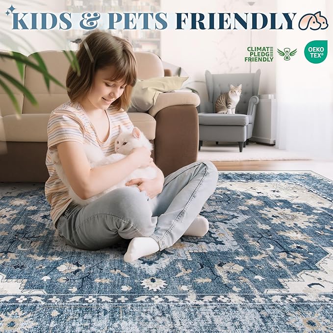 Area Rug 6x9 Vintage Rug: Washable Indoor Medallion Rugs Low Pile Distressed Floor Carpet Retro Accent Rug for Living Room Bedroom Kitchen Dining Table Home Office(Blue, 6'x9')