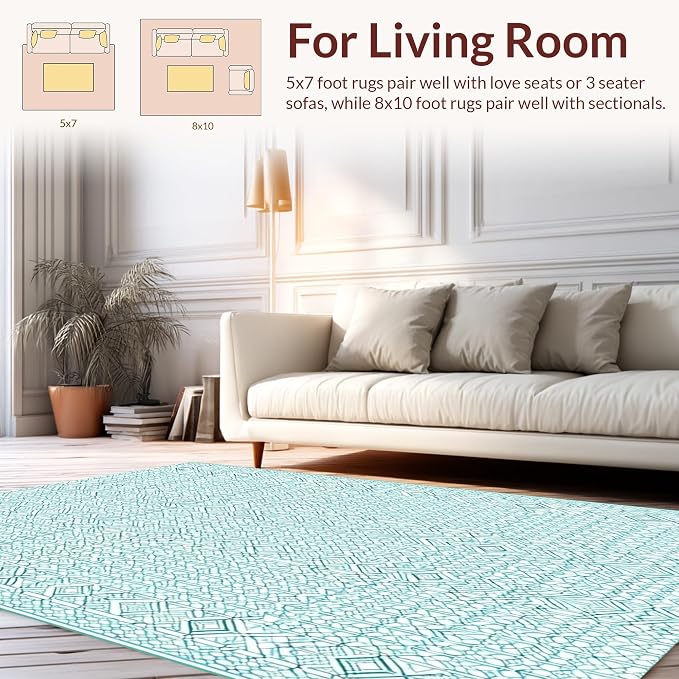 Flatwoven High Traffic Area Rug 6x9, Geometric Diamond Trellis, Non Slip, Stain Resistant, Washable Area Rugs for Living Room, Bedroom (Teal, 6x9)
