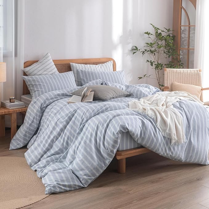 BESTOUCH Duvet Cover Set 100% Washed Cotton Linen Feel Super Soft Comfortable Chic Lightweight 3 PCs Home Bedding Set Cornflower Blue & White Stripes King