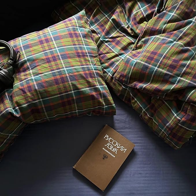 mixinni Buffalo Plaid Duvet Cover Set Twin Size - 100% Washed Cotton 3-Piece Bedding Set for Teen Boys Girls, Multicolor Retro Grid Design, Soft Breathable Comforter Cover for Dorm Room-Twin Size