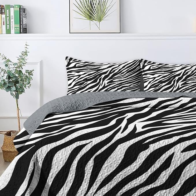 Pamnest Quilt Set Twin Size, Zebra Stripe Animal 2 Pcs Soft Bed Cover Bedding Set for Kids and Adults, Black White Lightweight Bedspread Coverlet with Pillow Sham for All Season