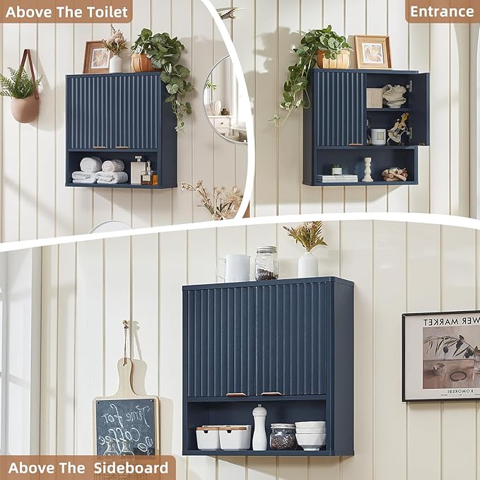 LEYAOYAO Fluted Bathroom Wall Cabinet, Wall-Mounted Medicine Cabinet with Adjustable Shelf & Doors, Farmhouse Floating Over The Toilet Storage Cabinets for Laundry Room, Kitchen, Living Room (Blue)