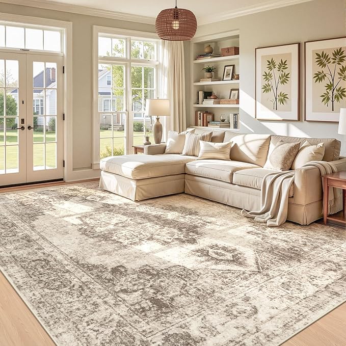 Area Rug 9x12 Vintage Rugs: Large Washable Indoor Medallion Rug Low Pile Distressed Floor Carpet Retro Accent Rugs for Living Room Bedroom Kitchen Dining Table Home Office(Taupe, 9'x12')