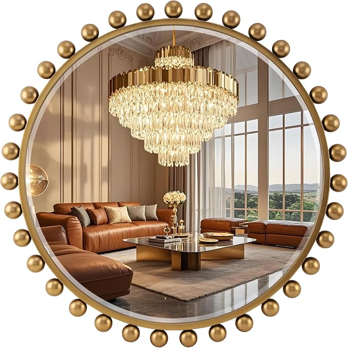 30 Inch Round Wall Mirror with Antique Gold Ball Frame, Beveled Decorative Round Accent Mirror, Vintage Gold Sunburst Style Mirror for Bedroom, Living Room, Entryway, Hallway & Wall Decor