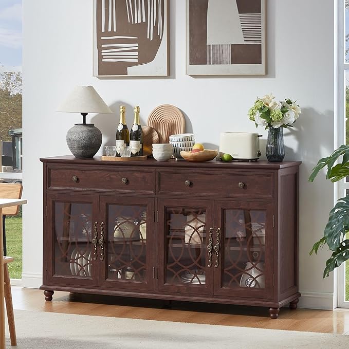 Large Sideboard Buffet Cabinet with Storage,59" Credenza with 4 Glass Doors & 2 Drawers,Adjustable Shelves Coffee Bar,Wood Kitchen Console Table for Dining Room,Living Room,Walnut