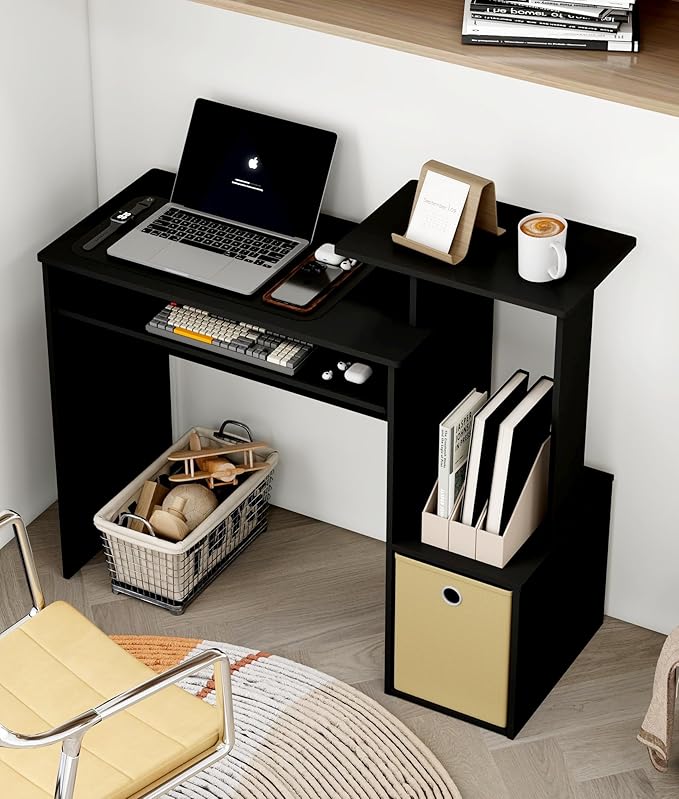 Small Computer Writing Desk with Drawers, Home Office Desk with Storage Shelves for Home Office Bedroom, Black/Brown