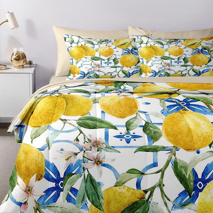 Nesker 7 Pcs Comforter Set King Size, Lemons Blue Italian Bedding Set for Kids and Adults, Natural Flower Summer Bed Sheet Sets with Fitted Sheet 2 Pillowcases & 2 Shams