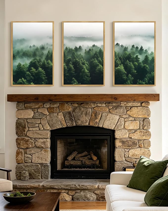 KUVIOKE Green Fog Pine Tree Framed Wall Art Nature Nordic Misty Forests Artwork Morden Painting Bedroom Decor 16x24in (Natural Framed)