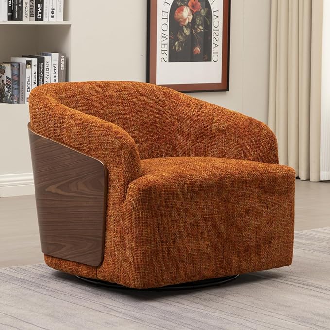 Swivel Accent Chair Linen Swivel Barrel Chair Comfortable Mid Century Modern Chair Upholstered Metal Base Armchair for Living Room Bedroom Office Large Vintage Orange