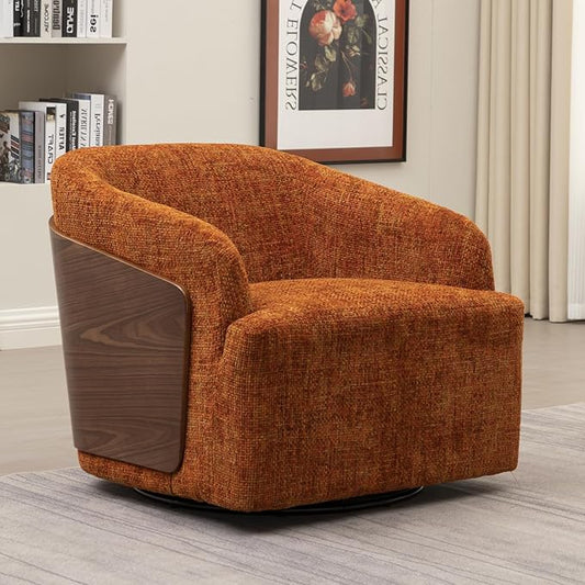 Swivel Accent Chair Linen Swivel Barrel Chair Comfortable Mid Century Modern Chair Upholstered Metal Base Armchair for Living Room Bedroom Office Large Vintage Orange