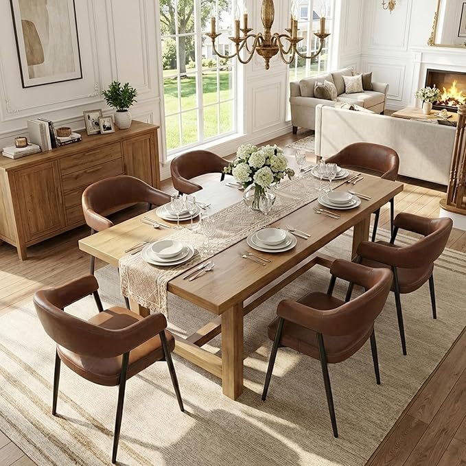 HNY Modern Dining Room Arm Chairs Set of 6, Retro Faux Leather Upholstered Barrel Dining Chairs with Arms Mid-Century Brown Accent Chair with Metal Legs, Open-Back Kitchen Side Chair for Living Room