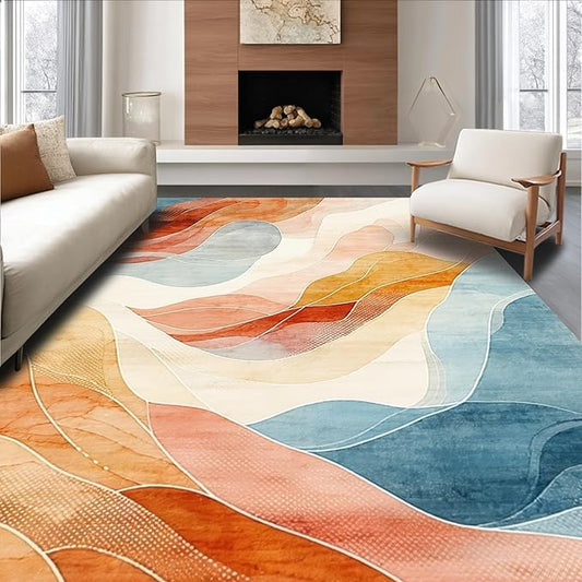 Flatwoven High Traffic Area Rug 6x9, Abstract Area Accent with Wave, Non Slip, Stain Resistant, Washable Area Rugs for Living Room, Bedroom (Orange, 6x9)