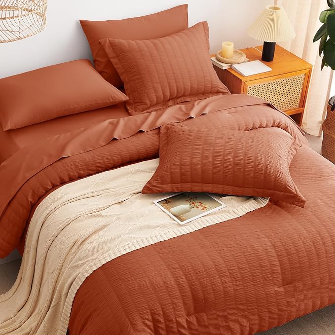 CozyLux Full Size Comforter Sets Burnt Orange, 7 Pieces Seersucker Textured Bed in a Bag Terracotta, All Season Bedding Sets with Down Alternative Comforter, Sheets, Pillowcases & Shams, Home Gift