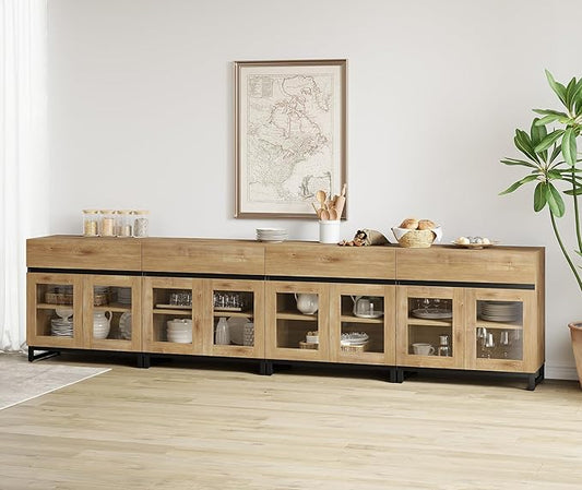 WAMPAT 4 in 1 Multifunctional Sideboard Buffet Cabinets with 8 Glass Doors and 4 Drawers, Modern Sideboard Credenza with and Metal Base, Coffee Bar Storage Cabinet for Living Room, Kitchen, Oak