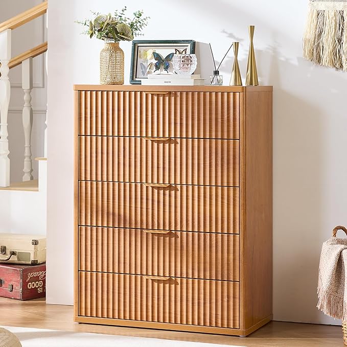 LEYAOYAO Fluted 5 Drawers Dresser Set of 2, 41" Tall Modern Chest of Drawers with Metal Handle, Curved Profile Dresser TV Stand, Wooden Drawer Organizer for Bedroom, Living Room, Hallway, Brown
