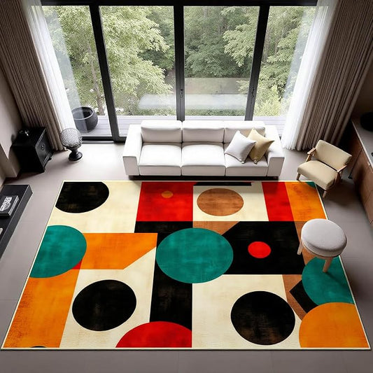 Geometric Rug, Mid Century Modern Rug, Abstract Colorful Geometric Rugs, Washable Non-Slip Soft Low Pile Vintage Abstract Carpet for Living Room, Bedroom (6' x 10'(Rectangular))