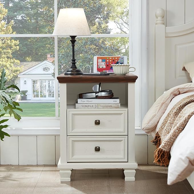 Farmhouse Nightstand Set of 2 with Charging Station, Antique Nightstands with Drawers, Bedside Table with Open Shelf for Bedroom, White