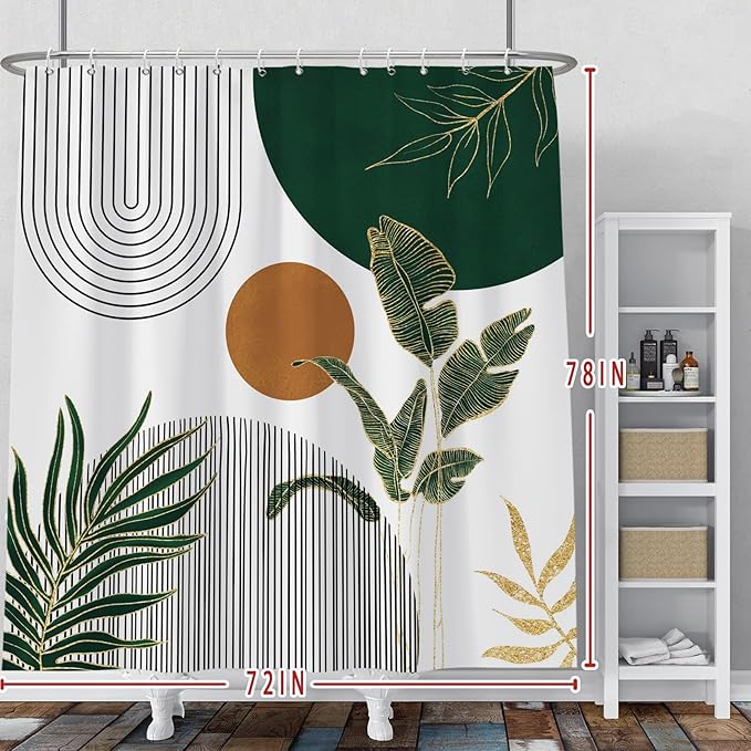 Baocicoo Boho Mid Century Shower Curtain Abstract Sun Green Banana Leaves Curve Aesthetic Shower Curtain for Bathroom Cubicle Living Room Waterproof Curtain for Bathroom with Hooks 72x78 Inches