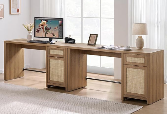 SICOTAS Rattan Home Office Desk, 2 Pieces Farmhouse Boho Executive Desk with Storage Cabinets and Drawers, Larger Writing Desk for Office, Study, Living Room, Oak