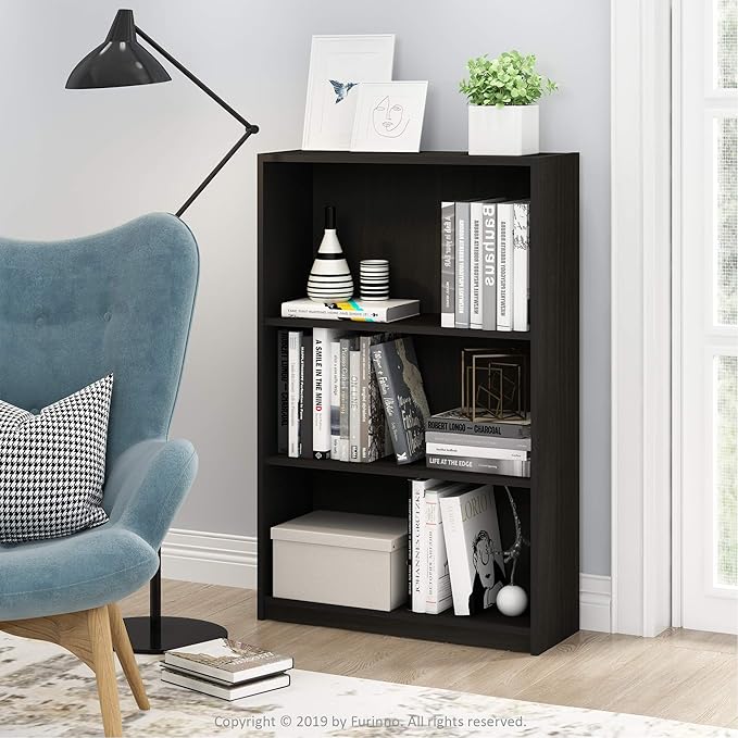 Furinno JAYA Book Shelf, 3-Tier Bookshelf, Bookcase with Adjustable Shelves, 9.5 x 24.5 x 40.3, for Organization and Storage, for Living Room, Bedroom, Home Office, Espresso