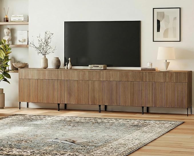WAMPAT 126" W Large Sideboard Buffet Cabinet with Storage,4 in 1 Fluted Sideboard Buffet with 8 Doors, Wooden Buffet Table, Coffee Bar Wine Bar Cabinet for Dining Room, Living Room, Light Walnut