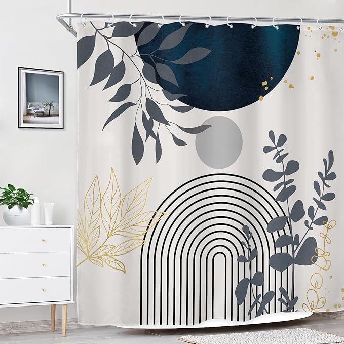 Riyidecor Boho Navy Blue Mid Century Shower Curtain,Modern Abstract Gold Leaves Fabric Cloth Bathroom Curtains,Minimalist Geometric Tropical Neutral Arch Sun Bathroom Decor Set with Hooks 72x72 Inch