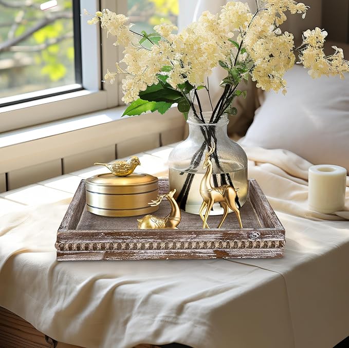 MAONAME Wood Serving Tray, Farmhouse Wooden Tray for Coffee Table, Rustic Square Trays with Beads, Vintage Brown Decorative Trays for Living Room, Kitchen, 12" X 12" X 1.6"