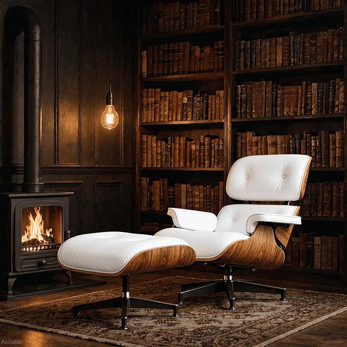 Top Grain Leather, Mid Century Chaise Lounge Chair and Ottoman, Reading Chair, Accent Lounge Chair, Modern Chair, Classic Design, Heavy Duty Base Support for Living Room Lounge Office, Walnut-White