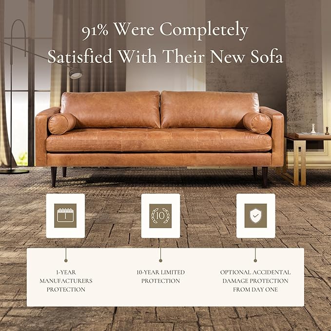 POLY & BARK Napa 88.5" Leather Sofa – Full-Grain Italian-Tanned Aniline Leather, Feather-Down Comfort, Solid Wood Frame, Walnut Legs, Cognac Tan