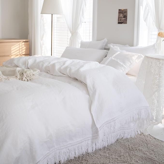 Simple&Opulence 100% Linen Boho Duvet Cover,3pcs Bohemian Textured Collection Bedding Set for All Seasons,French Country Comforter Cover Set with Pillow Shams(Full, Tassel-White)