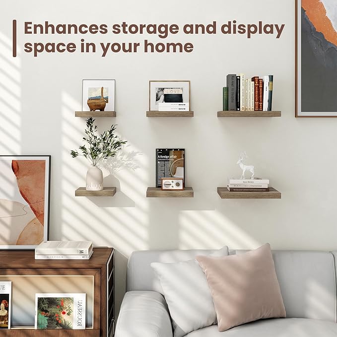 Fun Memories Floating Shelves for Wall - 12 Inch Square Shelves with Invisible Brackets, Small Wall Shelf for Living Room, Bathroom, Bedroom, and Kitchen Decor，Grey Set of 3