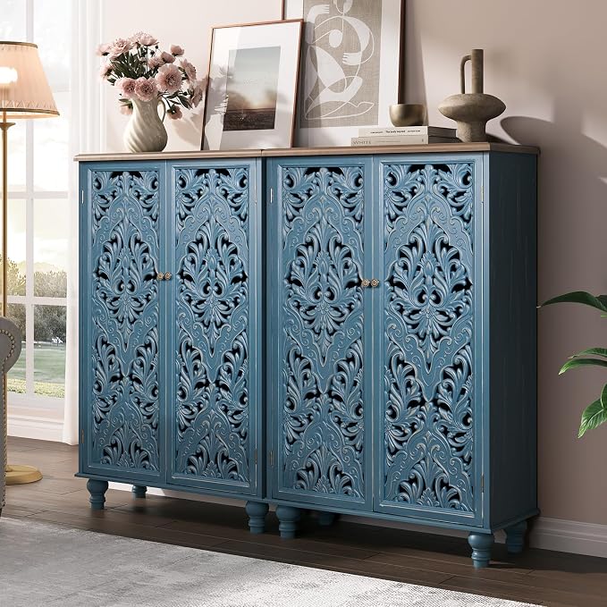JOINICE 47" Tall Accent Cabinet with Doors and Shelves, Storage Cabinet with Solid Wood Legs for Living Room,Entryway,Dining Room,Bedroom(Blue & Walnut)