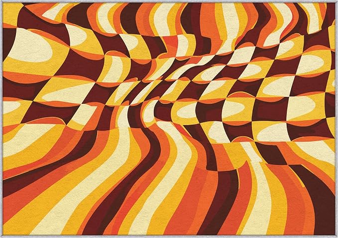 70s Retro Rugs 8x10, Orange Brown Abstract Washable 8 x 10 Area Rug for Living Room, Bedroom, Low Pile Non Slip Stain Resistant Carpet, 70s Orange Home Decor Accessories & M837