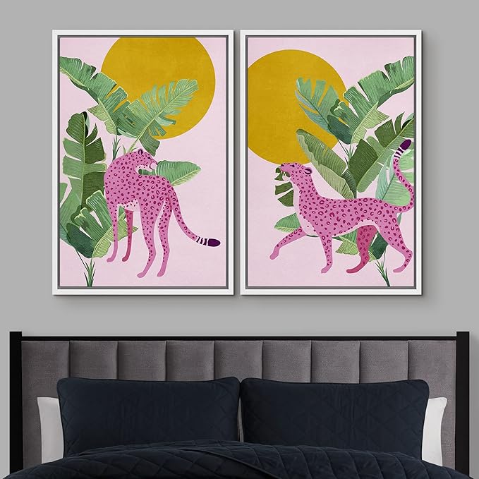 IDEA4WALL Framed Canvas Print Wall Art Set Tropical Jungle Banana Leaf Pink Cheetah Cat Nature Wilderness Digital Art Modern Art Decorative Animal for Living Room, Bedroom, Office - 16"x24"x2 White