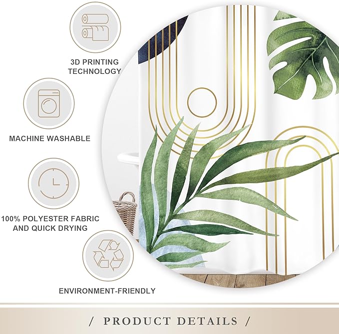 Glawry Extra Long Blue Green Shower Curtain Boho Mid Century Abstract Tropical Palm Leaf Modern Minimalist Plant Bathroom Geometric 72Wx84L Inches Bath Accessories Art Home Decor Fabric 12 Pack Hooks