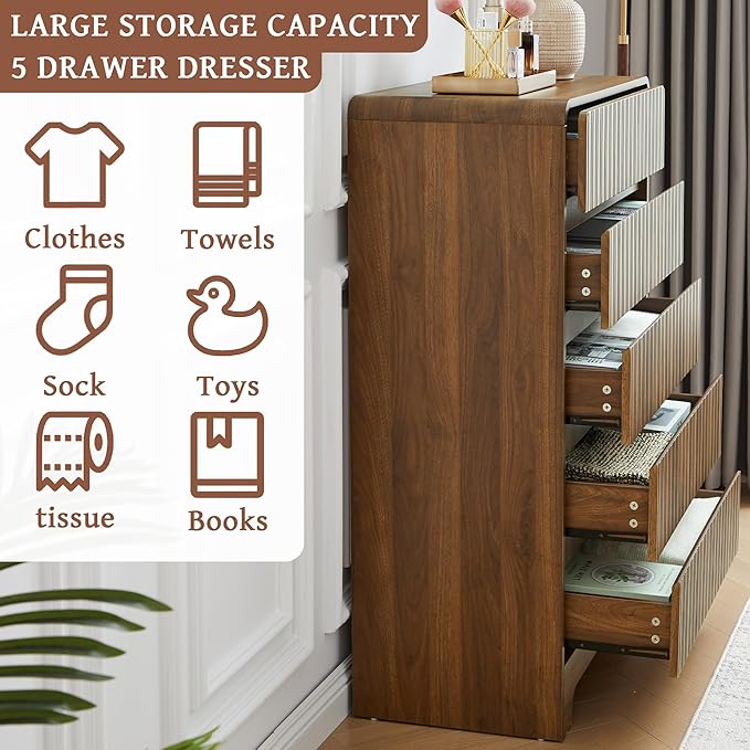 BERRYMERRY 5 Drawer Dresser for Bedroom,Flute 45" Tall Dresser with Curved Profile, Mid Century Modern Vertical Wood Drawer Organizer for Bedroom Living Room