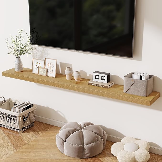 Fun Memories 72 Inch Fireplace Mantel Shelf, 10 Inch Deep Shelves for Display & Wall Storage, Rustic Wood Wall Shelf, Extra Long Floating Shelves for Living Room Laundry Room, Oak, Set of 1