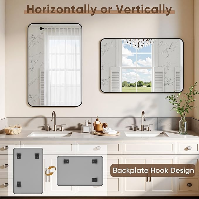 Bathroom Mirrors for Over Sink 24" x 36", Black Metal Frame Rounded Corner Rectangle Wall Mirror, Modern Farmhouse Vanity Mirror(Horizontal/Vertical)
