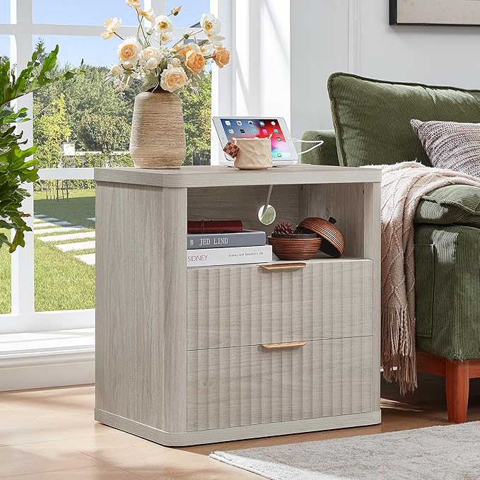 LEYAOYAO Fluted Nightstand with Charging Station, 23" Wide 2 Drawers Night Stand,LightGrey End Table with Open Storage,Farmhouse Bed Side Tables, Wood Dresser for Bedroom, Living Room, Closet