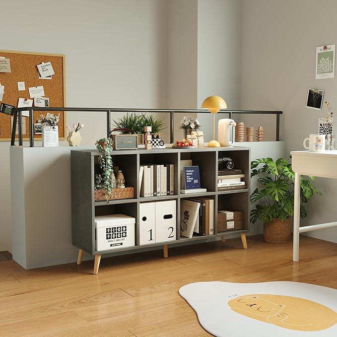 Flrrtenv 8-Cube Bookshelf 2 Tier Retro Bookcase with Legs, 11in Shelf Opening, 47" Wood Bookshelves Storage Organizer Shelf, Freestanding Open Book Shelves for Bedroom Living Room Office,Grey Oak