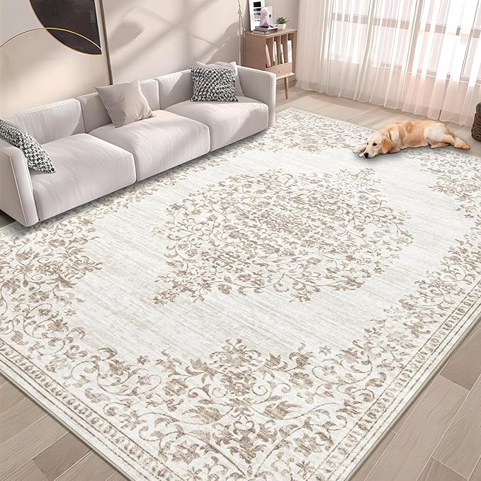 Area Rug 6x9 Vintage Rug: Washable Indoor Medallion Rugs Low Pile Distressed Floor Carpet Retro Accent Rug for Living Room Bedroom Kitchen Dining Table Home Office(Vintage Beige, 6'x9')