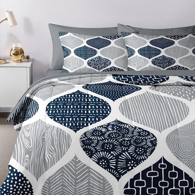 Nesker Comforter Set Full Size, Boho Bohemian Abstract Blue Gray 7 Pcs Bedding for Kids and Adults, Indigo Geometry Grey Bed Sheet Sets with Fitted Sheet 2 Pillowcases & 2 Shams