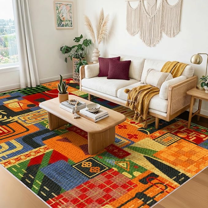 6x9 Abstract Tribal Patchwork Area Rug, Boho Patchwork Colorful Rugs for Living Room, Modern Memphis-Inspired Throw Carpet, Washable Non-Slip Low Pile Rug for Dining Room Office Bedroom Dining Room