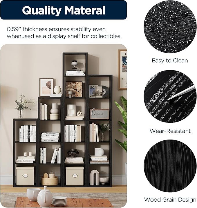 3 Cube Storage Organizer Single Row, Cube Shelf with Heavy-Duty Thick Boards, 13.31" L x 9.37" W x 36.93" H, Smooth Easy-Clean Panels, Simple Assembly, for Living Room Bedroom Office, Black
